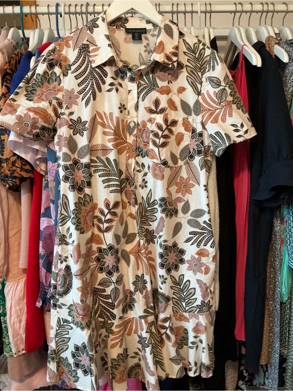 Cynthia Rowley Botanical Button-Front Shirt in Cream, Olive & Rust size large